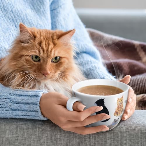 Cute Cat Mugs for Daily Coffee and Tea, Premium 20 oz Bone China Coffee Tea Hug Mug, Perfect Holiday, Birthday, and Christmas Gift for Cat Lovers, Designed in England by Harvest Green Studio