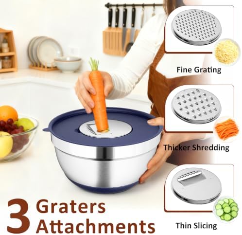 9 Pack Mixing Bowls with Airtight Lids & Grater Attachments, Navy
