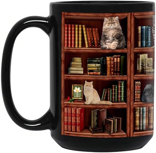 Cat Book Coffee Mug, Library Bookshelf Tea Cup, Black, 15oz