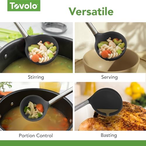 Tovolo Silicone Ladle With Stainless Steel Handle Deep Soup Ladle for Cooking Canning Serving Soup Punch Stew Sauce, Large Kitchen Utensil Spoon Dishwasher Safe BPA Free Silicone Black