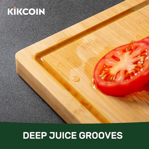 Kikcoin 20”×14” Bamboo Cutting Boards for Kitchen, Wooden Healthy Cutting Boards for Charcuterie, Vegetables, Cheese, Bread, Extra Large Chopping Boards with Deep Juice Groove and Handle, Natural
