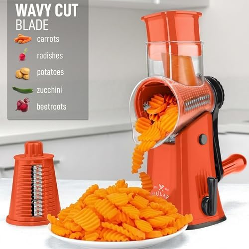 Rotary Cheese Grater Manual Hand Crank 5 Blade Shredder, Orange & Black