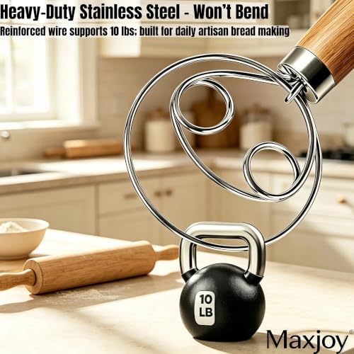 Maxjoy Danish Dough Whisk, Stainless Steel Wood Handle for Sourdough Bread