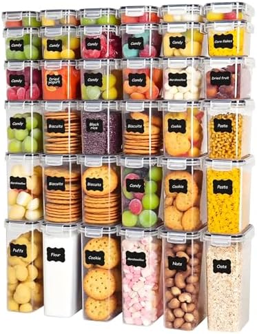 36 PCS Airtight Food Storage Containers with Lids, Plastic Kitchen and Organization Canisters for Cereal, Dry Food, Flour and Sugar, BPA-Free, PVC-Free, Includes Labels & Marker
