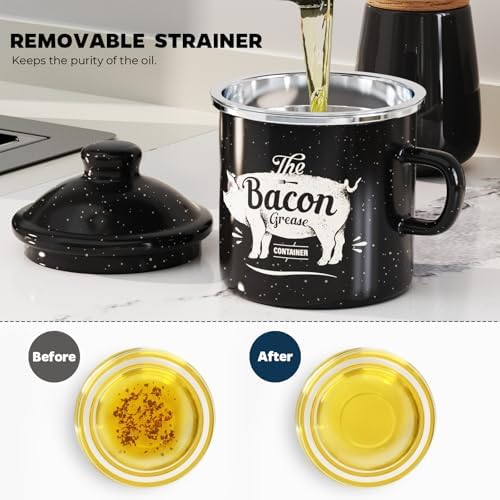 Bacon Grease Container with Strainer-15OZ Enamel Saver, Dishwasher Safe