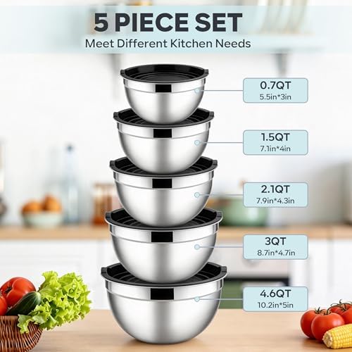 E-far Mixing Bowls with Lids Set, Stainless Steel Cooking Salad Bowl, Black