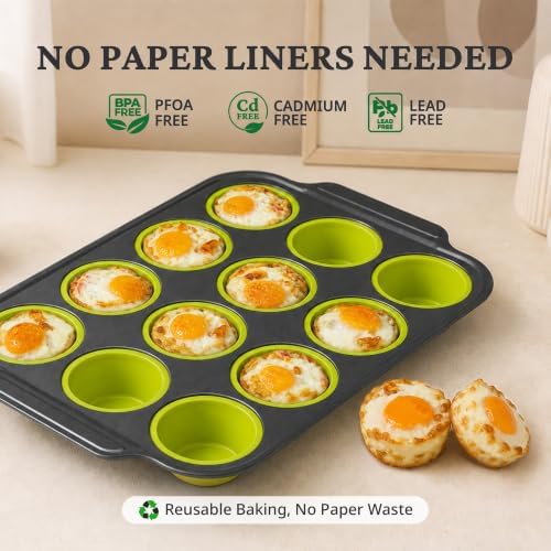BRONYPRO Silicone Muffin Pans for Baking with Metal Frame, Egg Bite Maker Silicone Molds, Cupcake Pans 12 Regular Size, Muffin Tins Easy to Pop Nonstick Non Toxic Bakeware for Oven, Lime Green