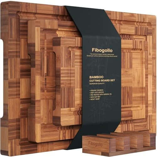 Fibogollo Set of 3 Bamboo Kitchen Cutting Boards with Juice Groove