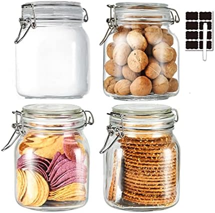 32oz Glass Food Storage Jars with Airtight Clamp Lids,Set of 4 Airtight Glass Canister Square- Clear Storage Container for Kitchen Container Storing Sugar, Flour, Cereal,Coffee,Spice…