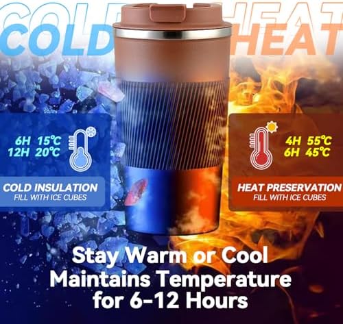 12OZ Travel Coffee Mug Insulated Coffee Cup with Spill Leak Proof Lid, Portable Stainless Steel Tumbler Reusable Hot and Cold Water Mug for Car, Daily, Camping- Coffee