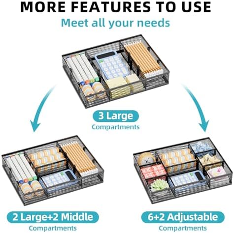Marbrasse 2 Pack Desk Drawer Organizer, Mesh Drawer Organizer Tray with 8 Adjustable Compartments, Desk Organizers and Accessories, 5 Dividers Drawer for Office Supplies, Makeup & Vanity (Black)