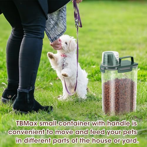 TBMax Small Dog Food Storage Container 3 Qt with Cat Food Can Cover and Mixing Spoon, Portable Travel Pet Food Dispenser with Large Spout and Cup -Bottle Green