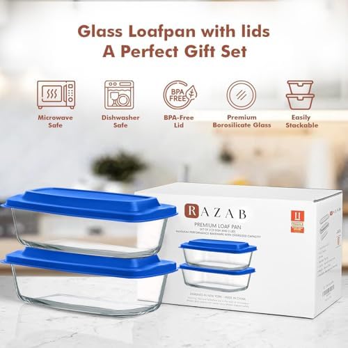 Razab 2 Pack 7.6 Cups Large Glass Bread Pans for Homemade Bread with Lids