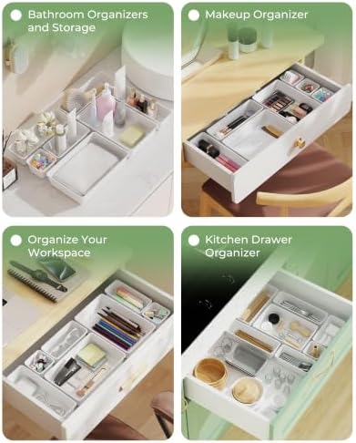 BiuLeon 25 PCS Plastic Drawer Organizers Set, 4-Sizes Vanity and Makeup Organizer, Desk and bathroom Drawer Organizer Trays, Organizers and Storage for Makeup, Jewelry, Gadgets, Utensils (White)