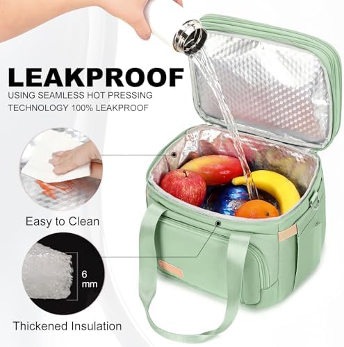 MAPLELILY Lunch Box for Men Women - Double Deck Insulated Lunch Bag, Large Leak Proof Tote Cooler, Wide Open Dual Compartment Lunch Bags with Shoulder Strap, For Work Picnic Hiking Beach, Green