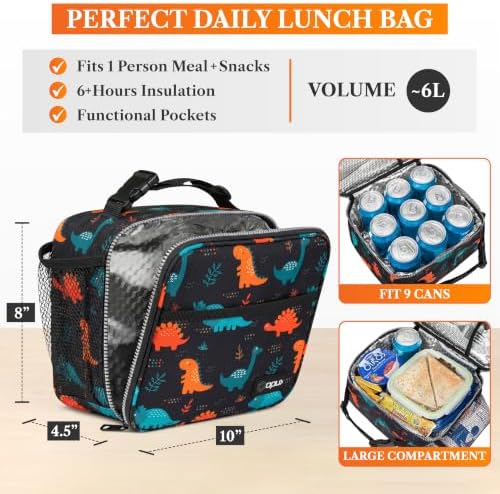 opux Insulated Lunch Bag for Kids, Reusable Lunch Box for School, Dinosaur