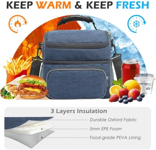 FlowFly Double Layer Cooler Insulated Lunch Bag Adult Lunch Box Large Tote Bag for Men, Women, With Adjustable Strap,Front Pocket and Dual Large Mesh Side Pockets