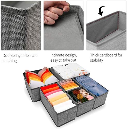 Criusia Foldable Underwear Drawer Organizer, Closet Dividers, Storage Box for Clothes, Socks (6 Bins, Gray)