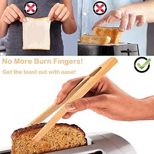 Bamboo Toast Tongs, 7 Inches Mini Wood Cooking Tong with Anti-slip Design Great for Serving Food/Toaster/Bread & Pickles/Sugar/Barbecue,Small Kitchen Tongs Multi-use for Salad, Grilling, Frying(4)