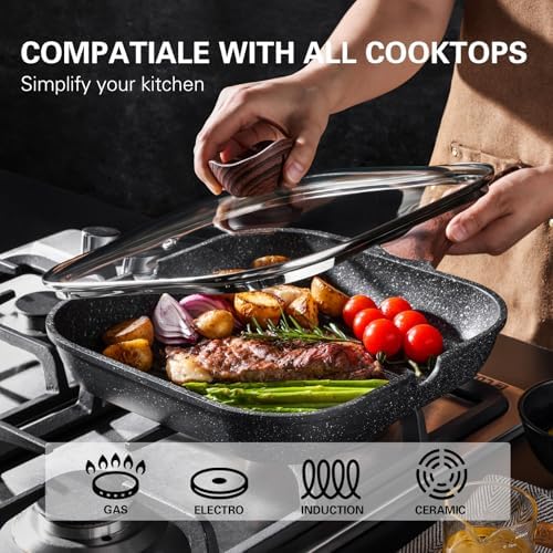 Kordisen Nonstick Grilling Pan with Lid for Stove Tops, 11 Inch Square Grill Pan for Indoor Cooking, Granite Coating Grill Skillet with Pour Spouts, Versatile Griddle, Induction Steak Pan, PFOA Free