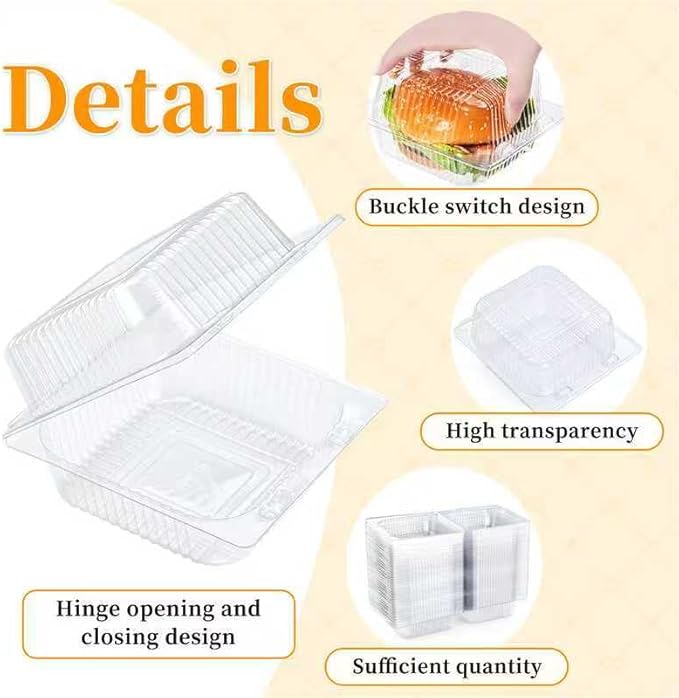 50 Count Clear Plastic Containers with Lids for Food, Thickened Disposable Sandwich Containers Clamshell Boxes for Cake Slice, Dessert, Hamburger, Salad