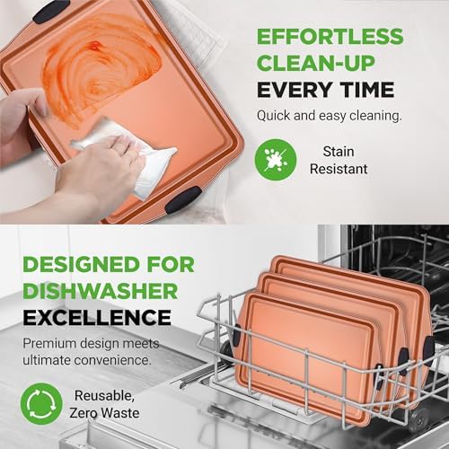 NutriChef 3 Piece Cookie Sheets for Baking - PFOA, PFOS, PTFE Free Nonstick Carbon Steel Bakeware Set - Home Kitchen Bake Pan Cookie Sheet Stackable Baking Sheet w/Black Silicone Handles NCSBS3S45