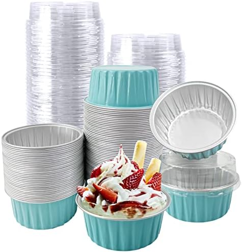 100Pcs Aluminum Cups with Lids,5oz Disposable Ramekin Baking Cups Muffin Liners Mini Pie Pans Foil Cupcake Containers for Christmas Party Wedding,Blue