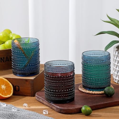 HomeVogue Hobnail Drinking Glasses Set of 12, 12oz & 15oz Vintage Glassware Set Cocktail Glass Set, Embossed Blue Water Tumbler,for Beer, Whiskey,Juice and Various Mixed Drinks (12 Pack-Blue)