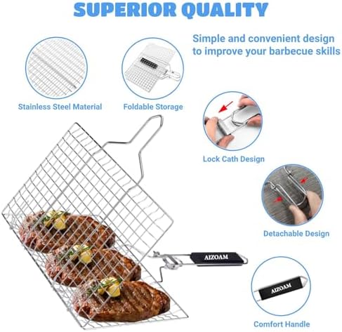 Shallow Grill Basket Fish Grill Basket, Fish Grilling Basket BBQ Fish Grill Baskets for Outdoor Grill,Grill Basket with Removable Handle. Perfect for Grilling Fish Fillets