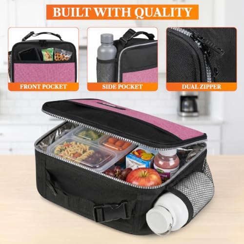 opux Insulated Lunch Bag for Kids, Reusable Lunch Box for School, Pink