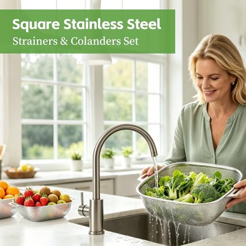 4QT stainless steel filter pot with handle - square metal kitchen filter, used for draining spaghetti and vegetables, microporous high foot, dishwasher washable, gift box packaging (4QT)