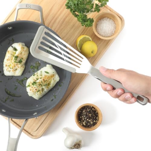 Calphalon Prime Slotted Fish Turner, Kitchen Flipping Spatula, Slotted Spatula, Stainless Steel Slotted Turner with Silicone High-Heat Resistant Handle, Cookware for Flipping and Draining (Taupe)