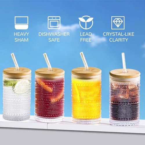 Hobnail Drinking Glasses with Bamboo Lids and Glass Straw 4Pcs Set - 14oz Vintage Glass Cups, Water Glasses, Iced Coffee Glasses, Cute Tumbler Cup, Ideal for Cocktail, Whiskey, Gift - Cleaning Brushes