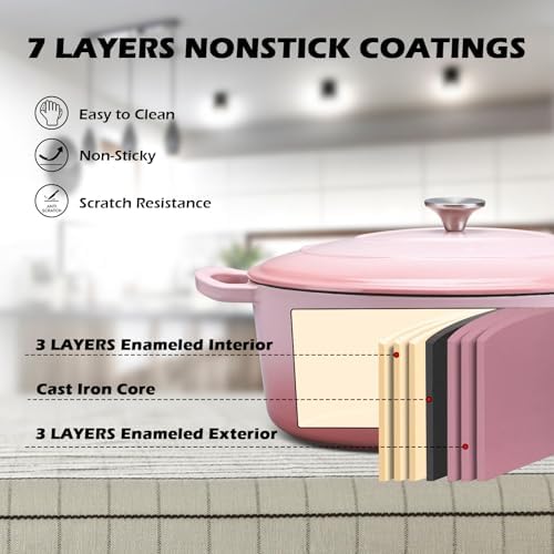 Leonyo 7-Quart Enameled Cast Iron Oval Dutch Oven Pot with Lid, Pink