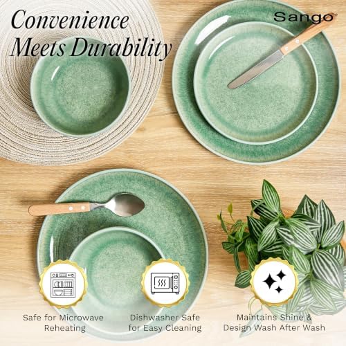 Sango Asher 12-Piece Stoneware Dinnerware Set for 4, Green Ceramic Plates and Bowls Sets, Modern Dish Set with Reactive Glaze, Durable Kitchen Dishes for Casual Dining, Microwave & Dishwasher Safe