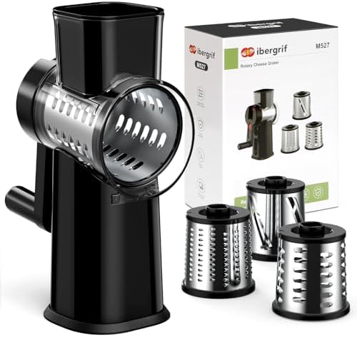 Ibergrif Rotary Cheese Grater Hand Crank– Manual Vegetable Slicer Mandoline with Foldable Handle, Rotary Grader with 3 Interchangeable Blades, Manual Cheese Shredder with Suction Base