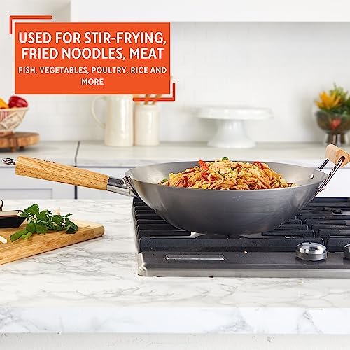 IMUSA 14 Inch Carbon Steel Wok with Wood Handles for Noodles