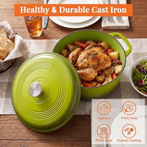 NEWBULIG Cast Iron Dutch Oven, 6 Quart Enamel Dutch Oven Pot with Lid, Heavy Duty Cookware for Sourdough Bread, Braising, Stews, Roasting, Safe up to 500°F, Green