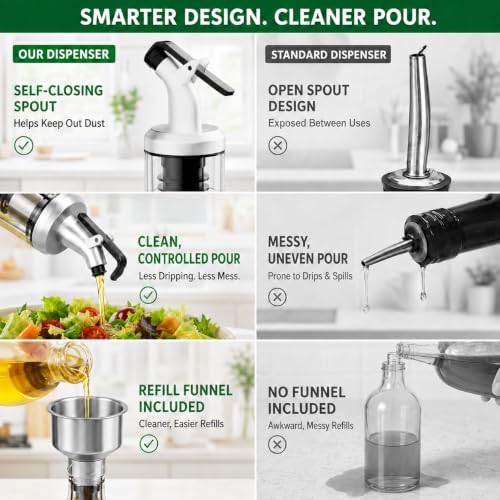 SINYWAY Oil Dispenser Bottle, 4 Pack Glass Olive Oil Dispenser Bottle with Shelf, 17oz/500 ml Oil and Vinegar Dispenser Set Wrapped in Stainless Steel Shell with Pourers, Funnel & Pen and Tags