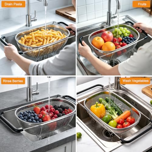 Palksky Over the Sink Colander, Stainless Steel Fine Mesh, 6 Quart 2 Pack