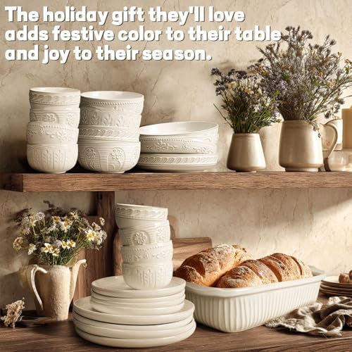 Artena Pasta Bowls, 50oz Large Salad Serving Bowls, 9.75'' Plates Bowls Set of 4, Big White Ceramic Soup Bowls for Kitchen, Embossment Shallow Dinner Bowl, Microwave Dishwasher Safe, Pinwheel Flower