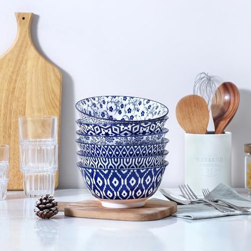 Selamica 7 inches Porcelain Cereal Bowl Set - Set of 6, Soup Bowls, Ceramic bowls for Cereal, Soup, Salad and Pasta, Vintage Blue