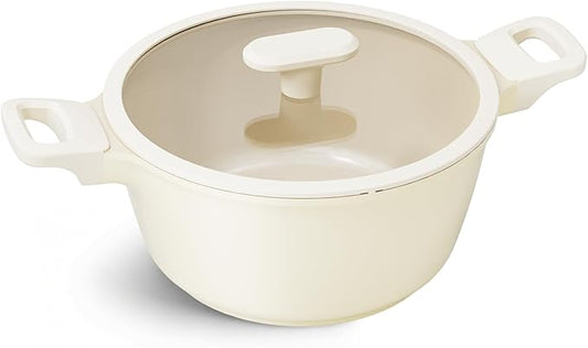PRICUSIS Ceramic Nonstick Stock Pot with Silicone Rim Glass Lid, 4.5/7QT Soup Pot Casserole, Cooking Pot, Induction Compatible, Dishwasher Safe, Ideal for Pasta & Stews, PTFE PFOA Free, Coconut White