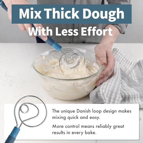 Danish Dough Whisk Heavy Duty 13.5" - Dishwasher-Safe Baking Tool (Blue)