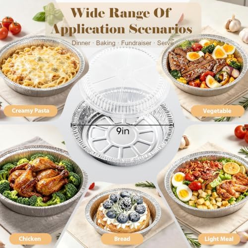 60 Pack 9” Round Aluminum Pans with Clear Lids, Disposable Foil Pie Pans with Lids, Pie Tins Disposable, Freezer & Oven Safe for Storing, Baking, Meal Prep & Reheating