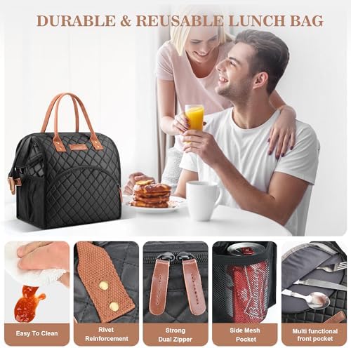 LOKASS Insulated Lunch Bag for Women & Men - Reusable 10 L Lunch Box for Women - Leakproof Tote Cooler Bag for Adults Work, Beach, Travel, Picnic (Black)