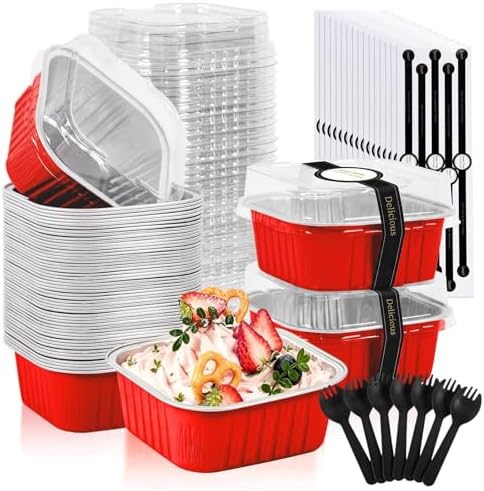 50 Pack Mini Cake Pans With Lids And Spoons,5oz Square Aluminum Foil Brownie Baking Cups,Small Cake Tins,Individual Cake Pans With Lids for Wedding Birthday Party (Red)
