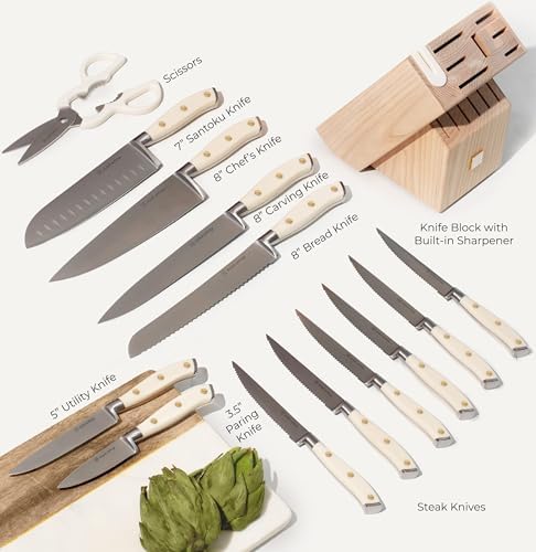 Styled Settings White Knife Set with Block and Sharpener, 14-Piece