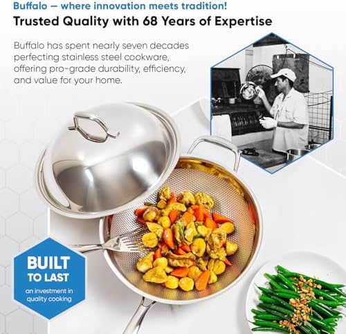 BUFFALO Honeycomb 3ply Stainless Steel Wok Pan 11 inch/28cm with Lid Flat Bottom - Coating-Free Non-stick Stir Fry Pan - Advanced, Scratch-Resistant Design with Stay-Cool Long Handle