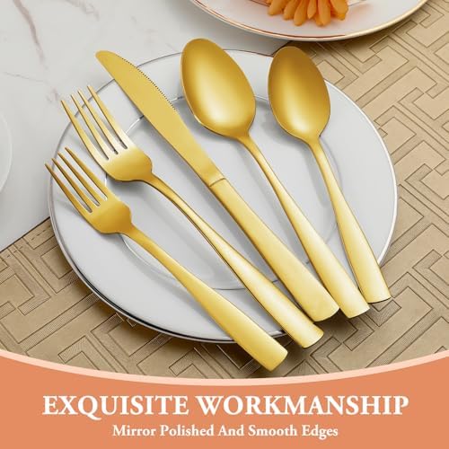 40 Pcs Gold Silverware Set, Stainless Steel Flatware Set for 8, Food-Grade Cutlery Set, Mirror Polished Tableware Eating Utensils Set for Home Kitchen, Include Knife Fork Spoon Set, Dishwasher Safe
